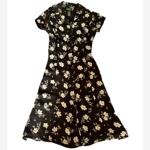 Ralph Lauren Black Silk Midi Dress with White Floral Print